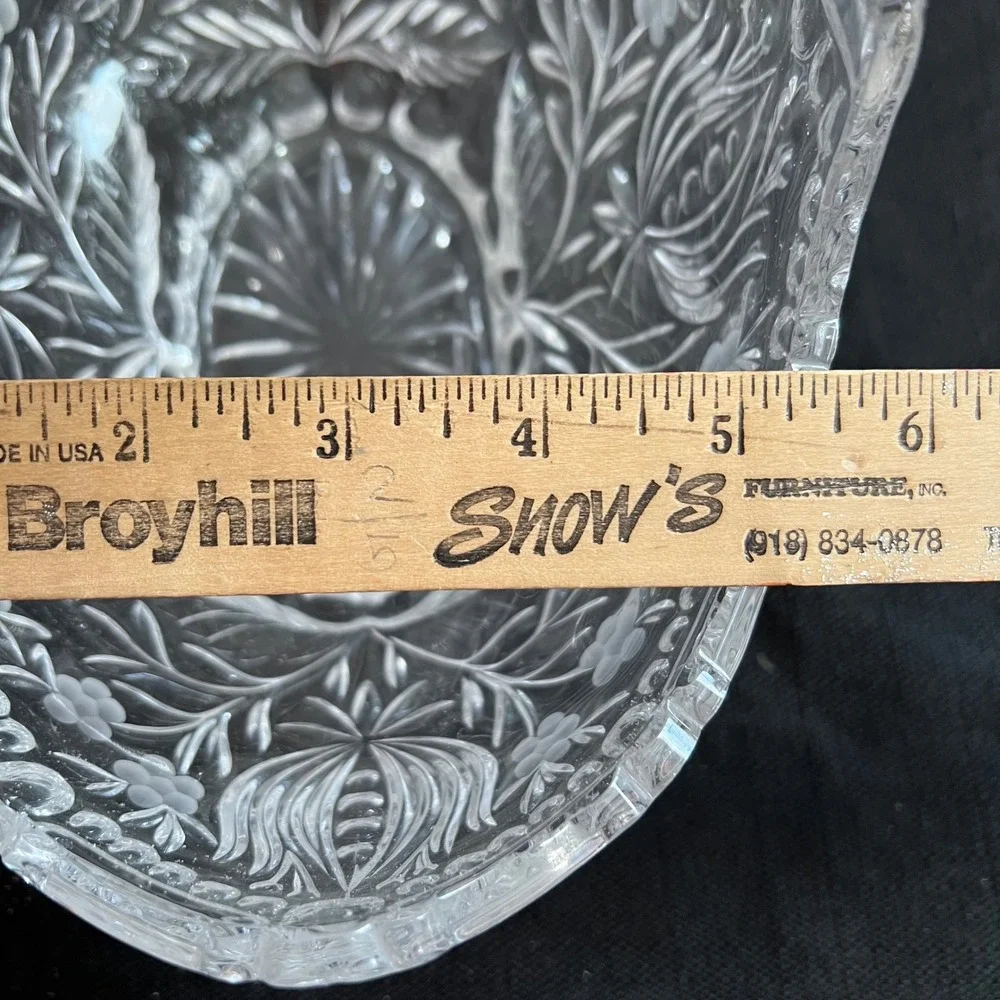Vintage Clear Etched Crystal Glass Basket Floral Leaf Pattern Applied Handle
